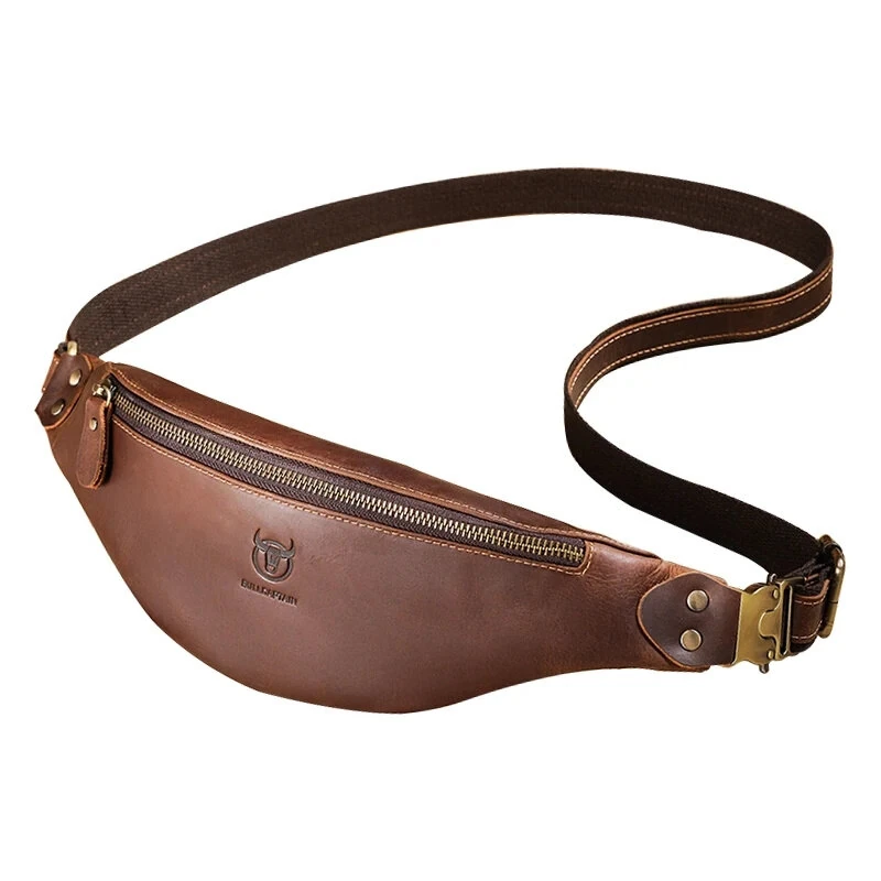 (image for) BULLCAPTAIN Genuine Leather Men's Belt Bag Crazy Horse Leather Casual Crossbody Bag Classic Retro Chest Bag Outdoor Storage Mountaineering Mobile Phone Bag Waist Bag